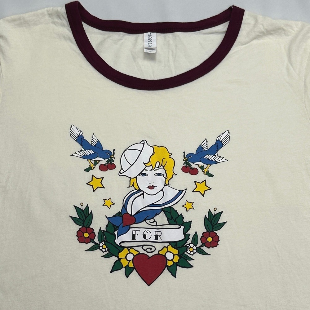 Sailor Girl Tattoo Graphic Next Level Ringer Tee Cream Burgundy Rockabilly Pinup